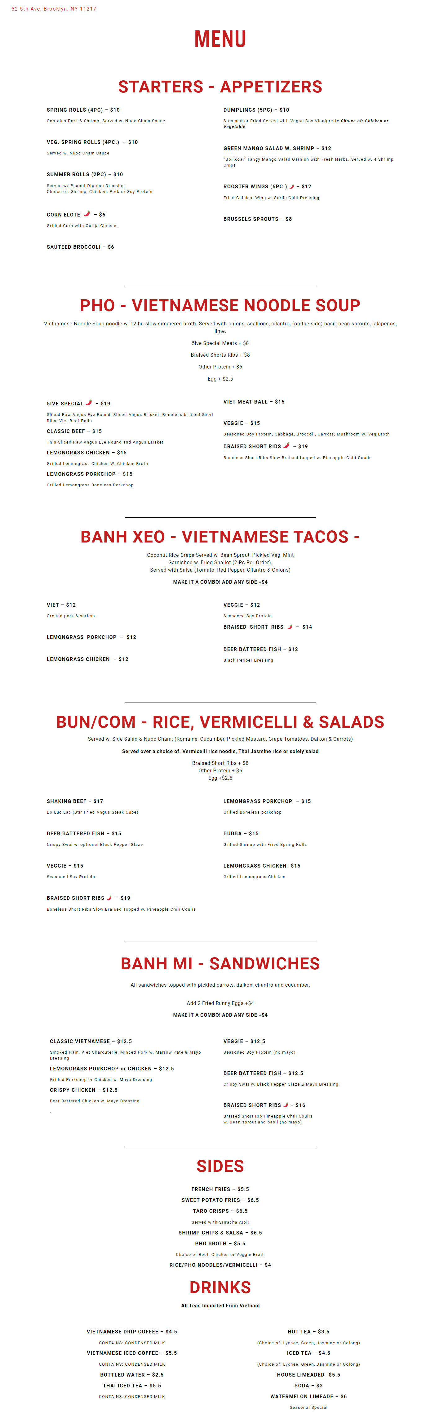 5ive Spice Tacos & Banh Mi Menu