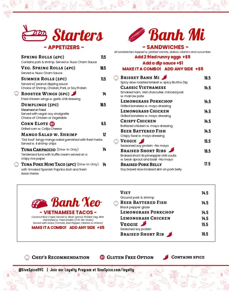 5ive Spice Tacos & Banh Mi Food Menu